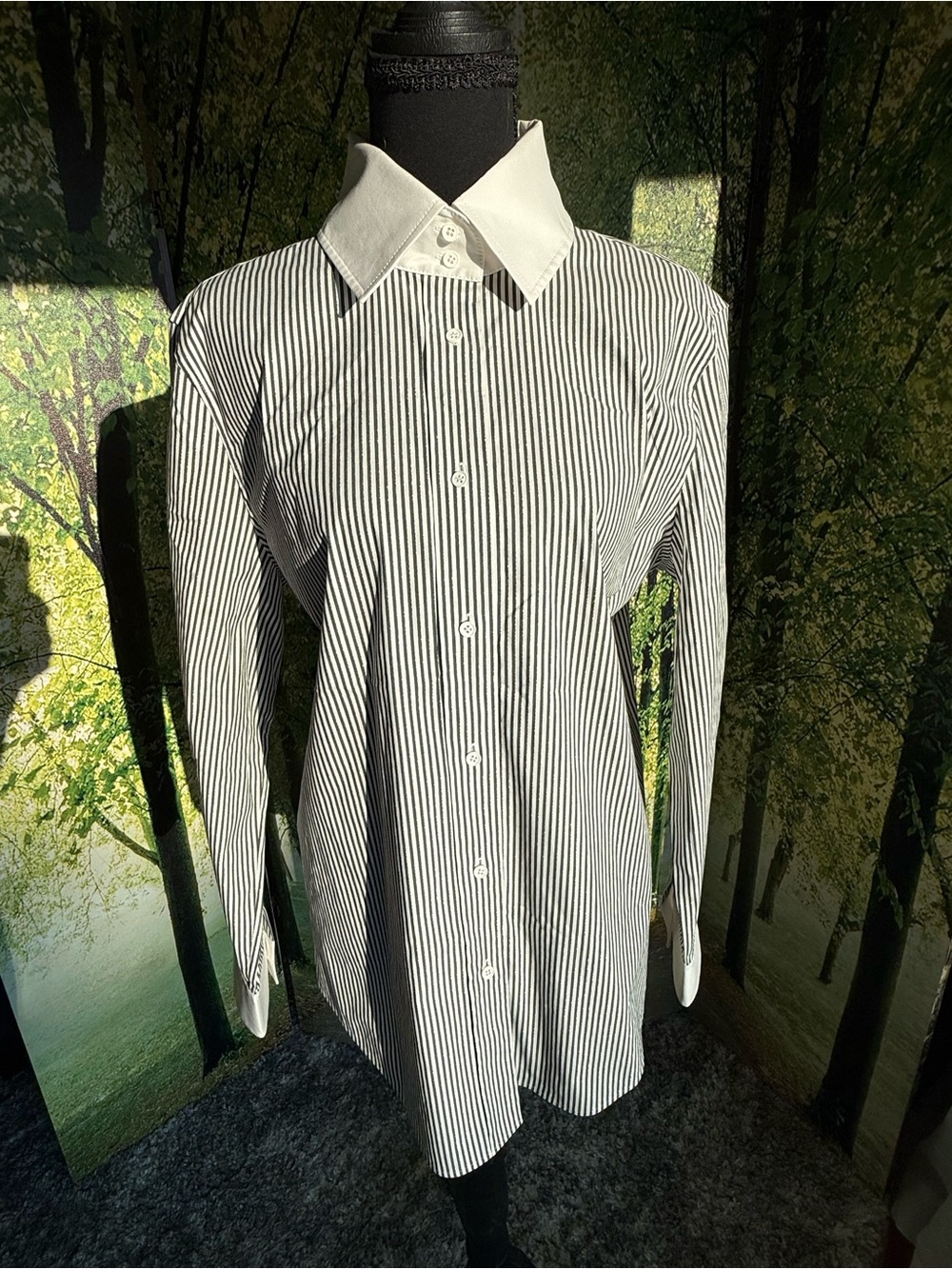 Lafayette 148 New York Shimmer Pinstripe Stretch Cotton Contrast Collar Blouse - Picture 5 of 16